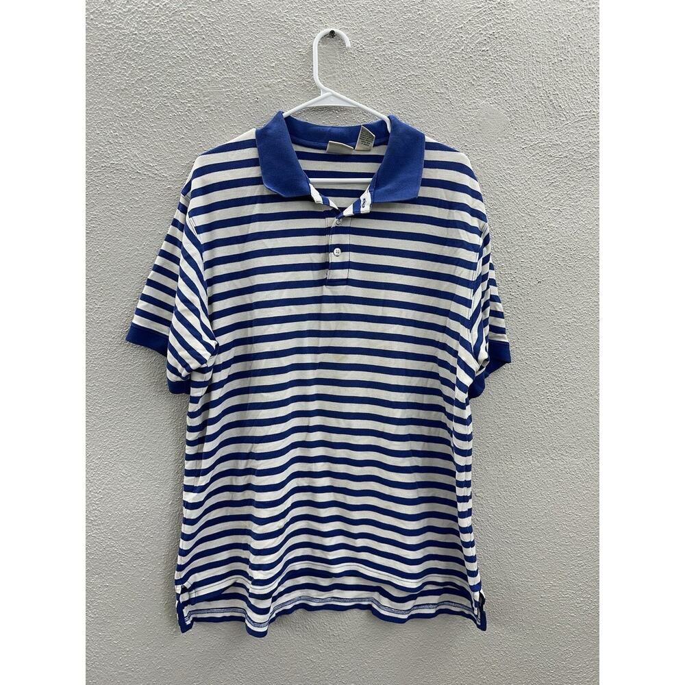 L.L. Bean Mens Polo Shirt Size XL Blue White Stripped Short Sleeve Collard VTG